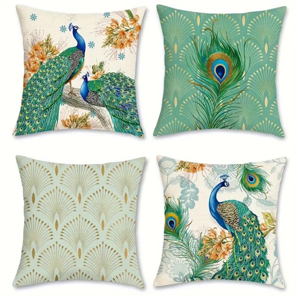 Decorative Green Peacock Throw Pillows Covers, Set of 4 - Picture 1 of 12